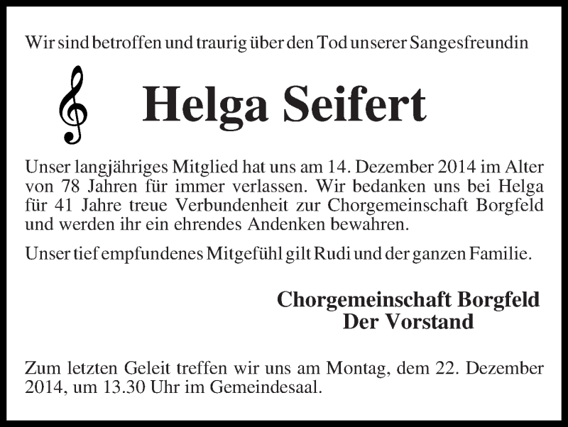  Traueranzeige für Helga Seifert vom 17.12.2014 aus Wuemme Zeitung
