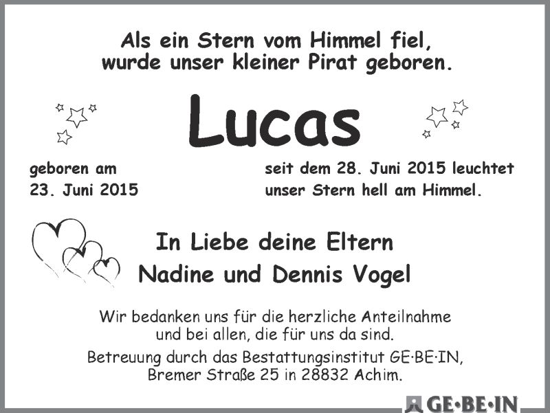  Traueranzeige für Lucas Vogel vom 11.07.2015 aus Achimer Kurier/Verdener Nachrichten