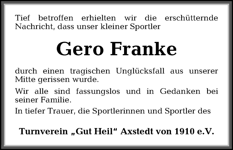  Traueranzeige für Gero Franke vom 02.07.2015 aus Osterholzer Kreisblatt