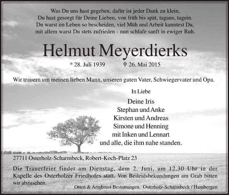  Traueranzeige für Helmut Meyerdierks vom 29.05.2015 aus Osterholzer Kreisblatt