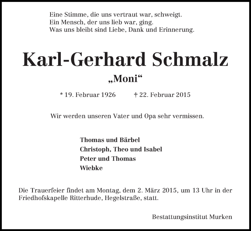  Traueranzeige für Karl-Gerhard Schmalz vom 25.02.2015 aus Osterholzer Kreisblatt