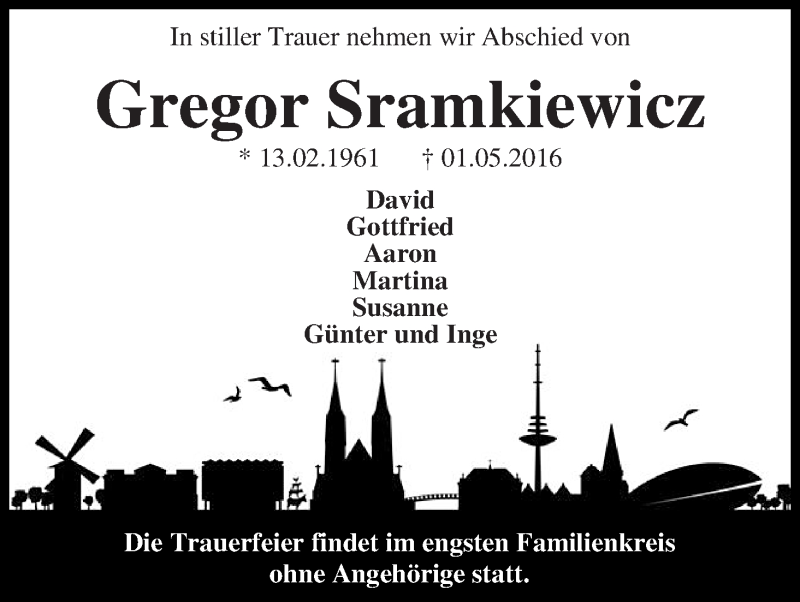  Traueranzeige für Gregor Sramkiewicz vom 09.06.2016 aus WESER-KURIER