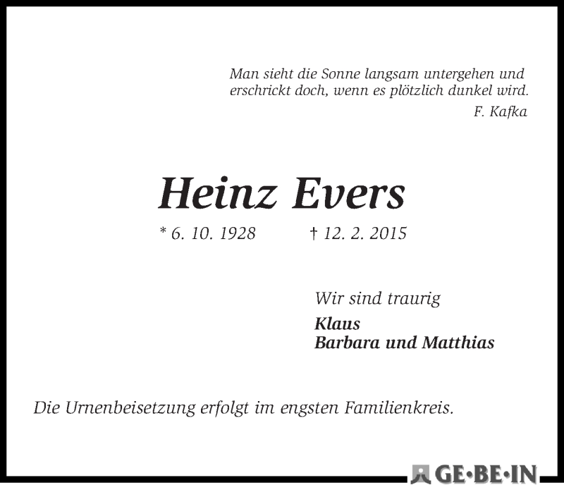  Traueranzeige für Heinz Evers vom 18.02.2015 aus WESER-KURIER