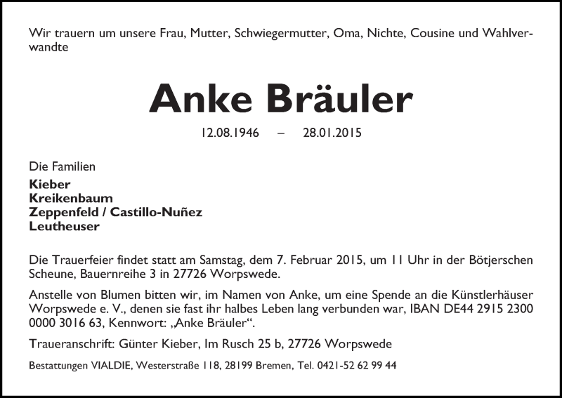  Traueranzeige für Anke Bräuler vom 31.01.2015 aus WESER-KURIER