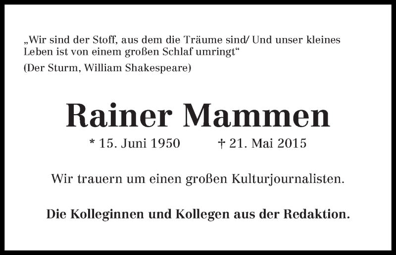  Traueranzeige für Rainer Mammen vom 30.05.2015 aus WESER-KURIER