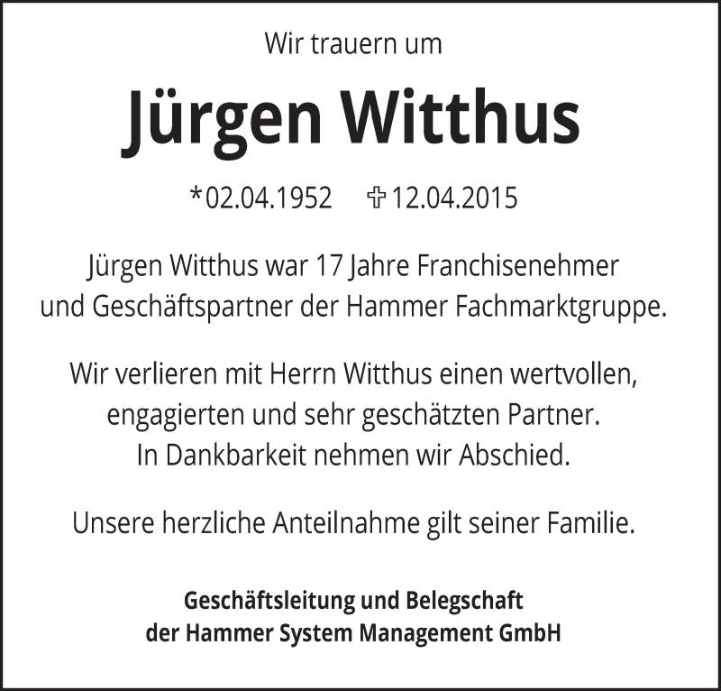 Traueranzeige für Jürgen Witthus vom 21.04.2015 aus Die Norddeutsche