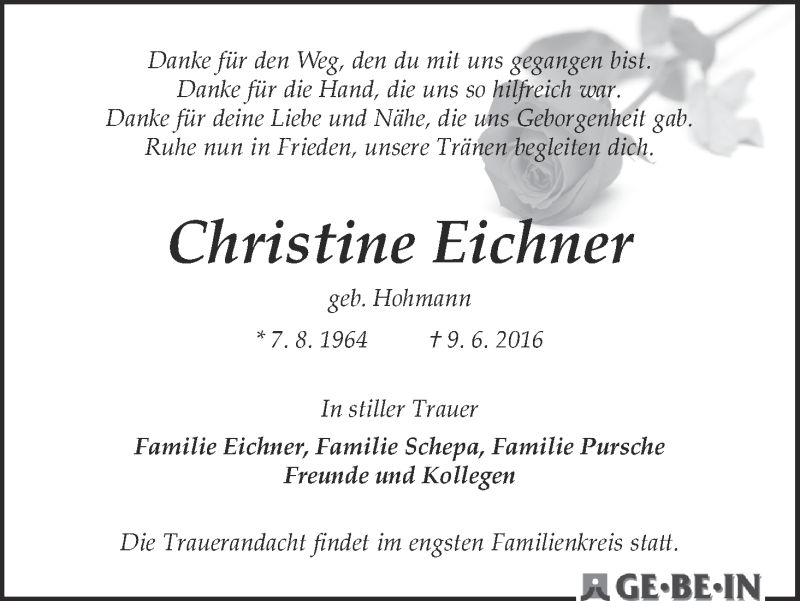  Traueranzeige für Christine Eichner vom 25.06.2016 aus WESER-KURIER