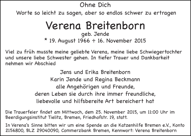 Traueranzeige für Verena Breitenborn vom 21.11.2015 aus WESER-KURIER