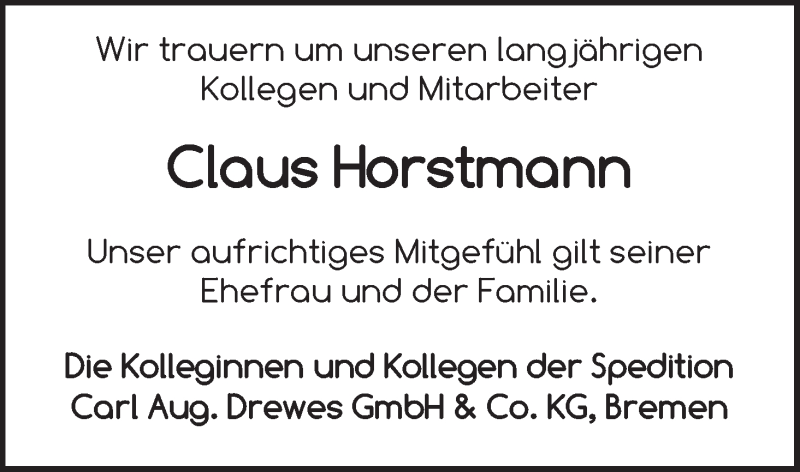  Traueranzeige für Claus Horstmann vom 09.02.2016 aus WESER-KURIER