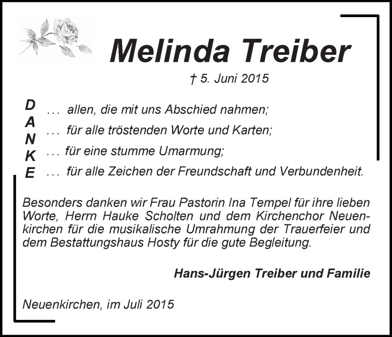  Traueranzeige für Melinda Treiber vom 04.07.2015 aus Die Norddeutsche