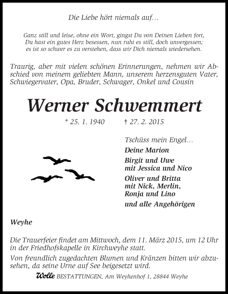  Traueranzeige für Werner Schwemmert vom 07.03.2015 aus WESER-KURIER
