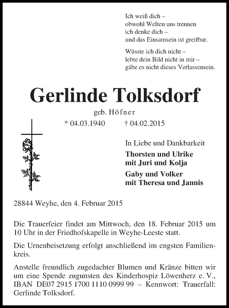  Traueranzeige für Gerlinde Tolksdorf vom 14.02.2015 aus WESER-KURIER
