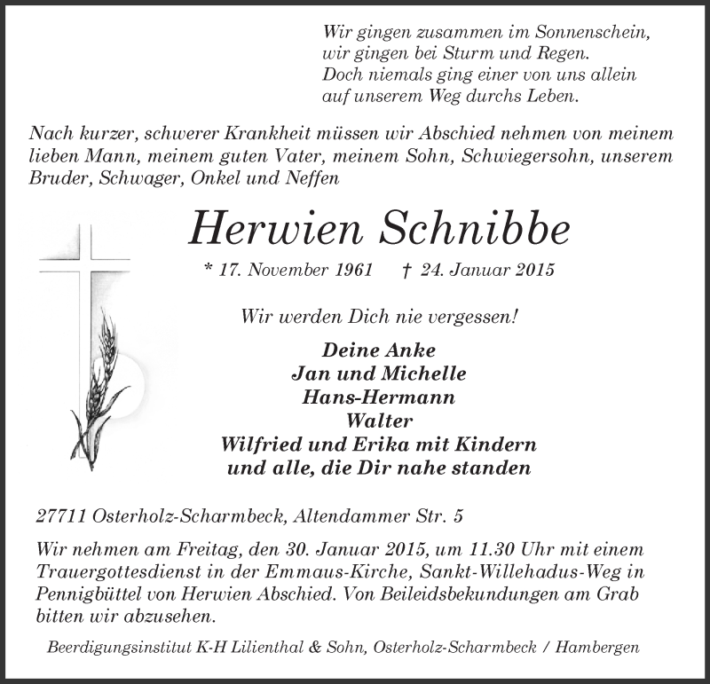  Traueranzeige für Herwien Schnibbe vom 27.01.2015 aus Osterholzer Kreisblatt