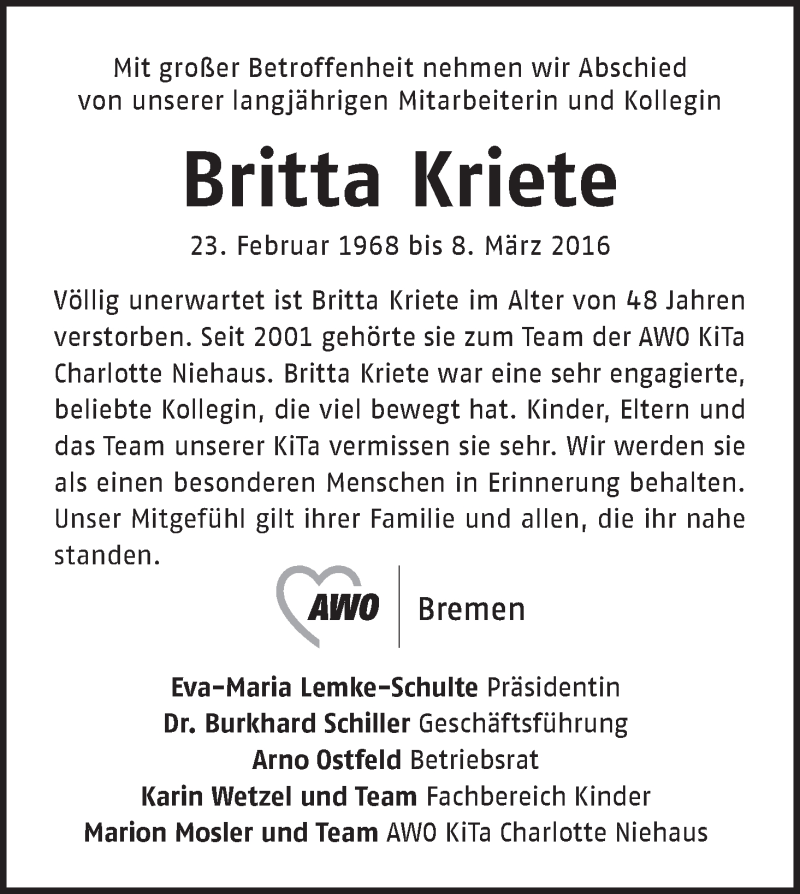  Traueranzeige für Britta Kriete vom 19.03.2016 aus WESER-KURIER