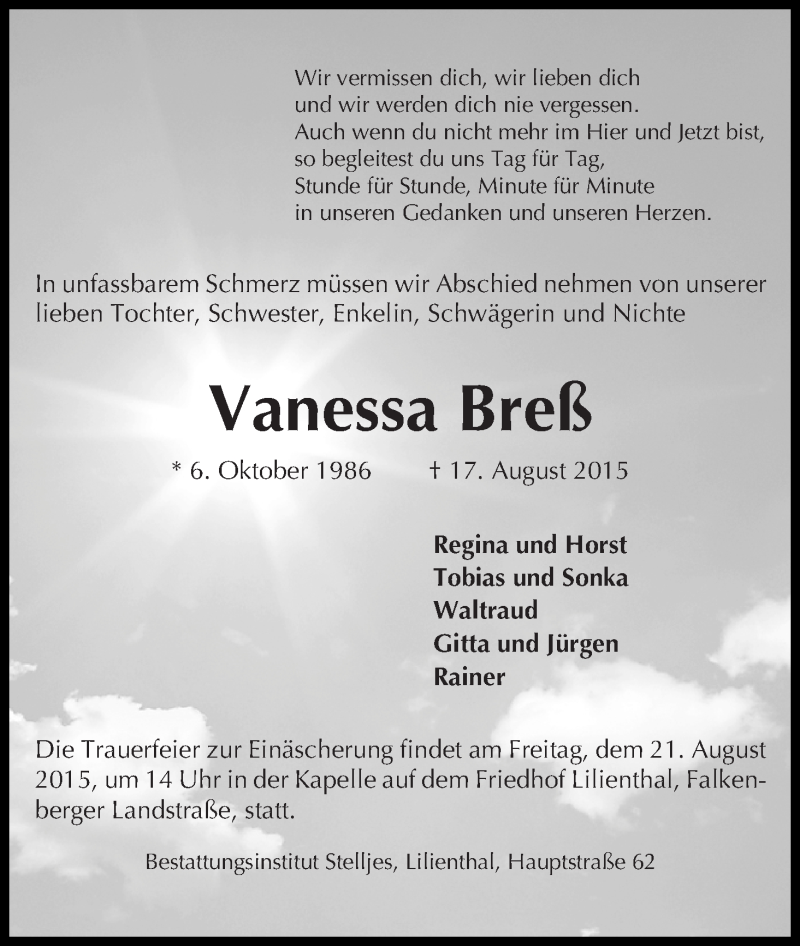  Traueranzeige für Vanessa Breß vom 20.08.2015 aus WESER-KURIER