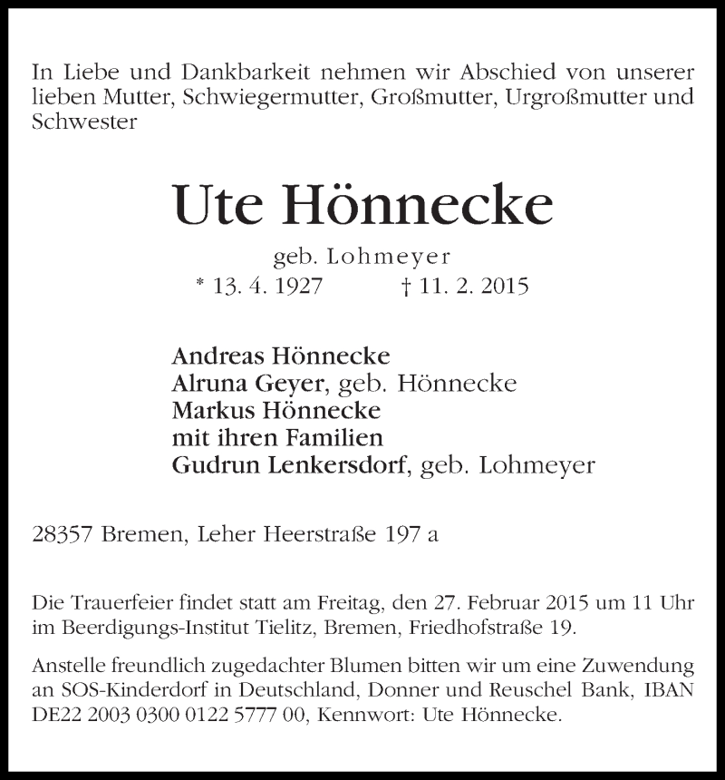  Traueranzeige für Ute Hönnecke vom 14.02.2015 aus WESER-KURIER