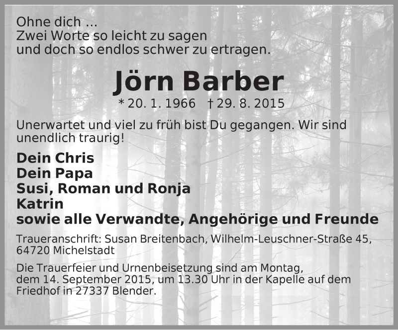  Traueranzeige für Jörn Barber vom 03.09.2015 aus WESER-KURIER