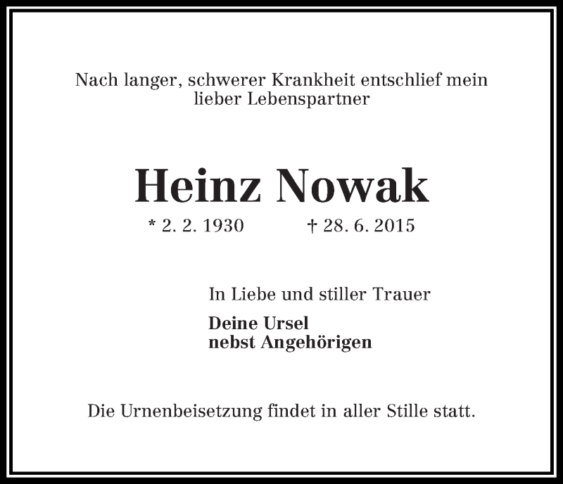 Traueranzeigen Von Heinz Nowak Trauer Gedenken