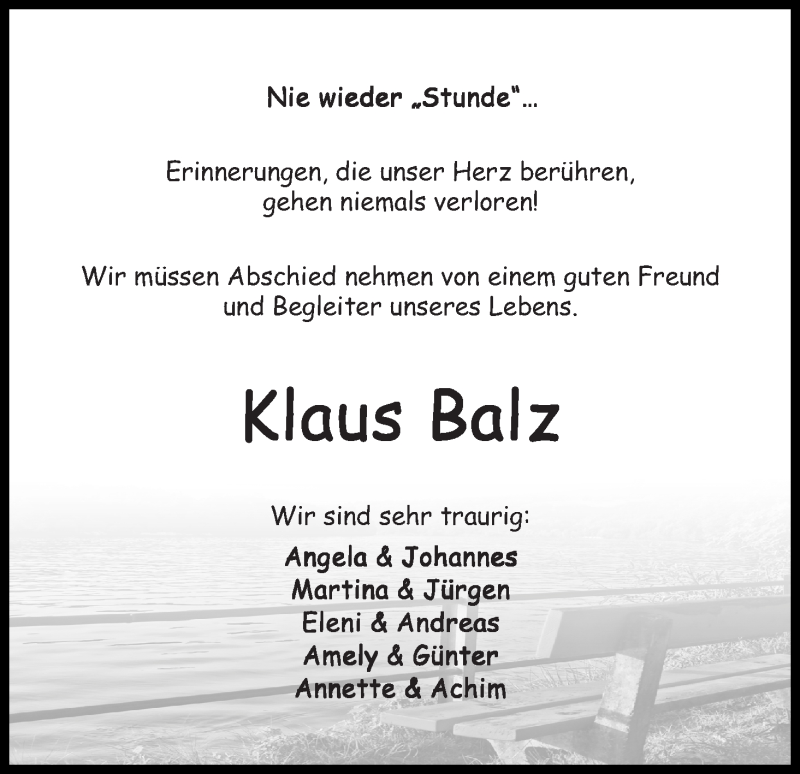  Traueranzeige für Klaus Balz vom 29.08.2015 aus Die Norddeutsche