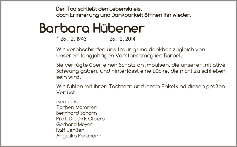  Traueranzeige für Barbara Hübener vom 31.12.2014 aus Achimer Kurier/Verdener Nachrichten