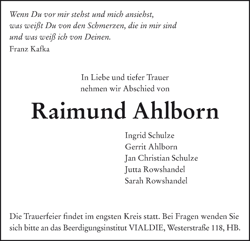  Traueranzeige für Raimund Ahlborn vom 20.12.2014 aus WESER-KURIER