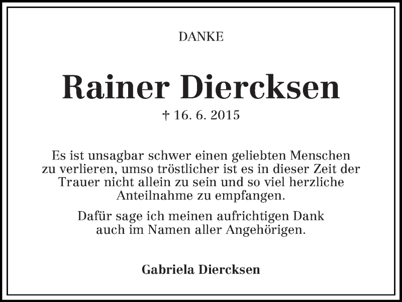  Traueranzeige für Rainer Diercksen vom 21.07.2015 aus Die Norddeutsche
