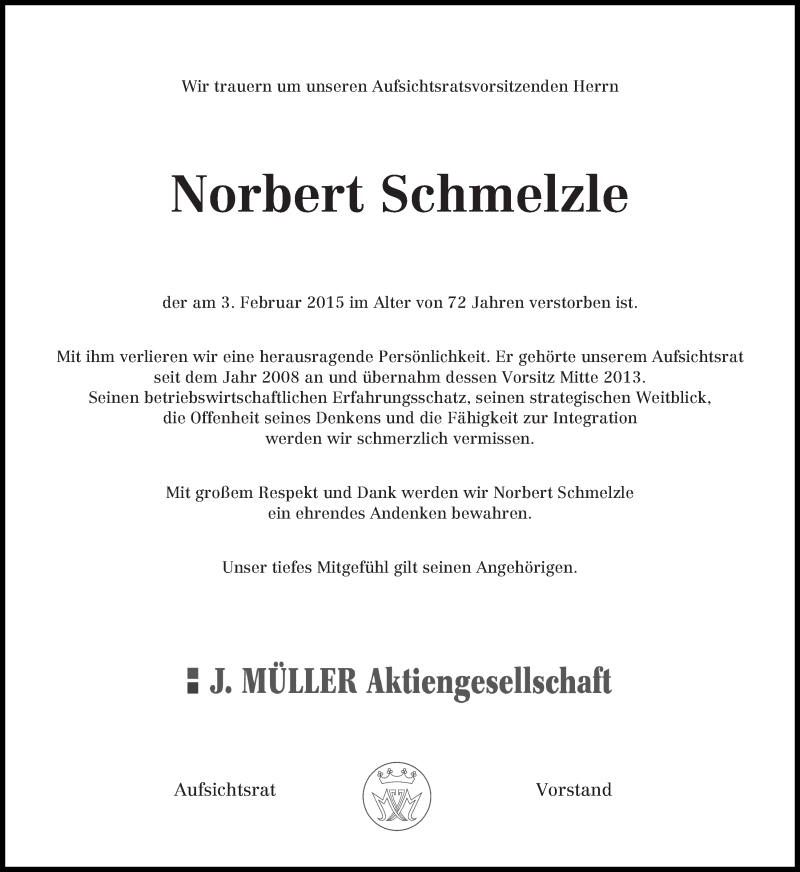  Traueranzeige für Norbert Schmelzle vom 07.02.2015 aus WESER-KURIER