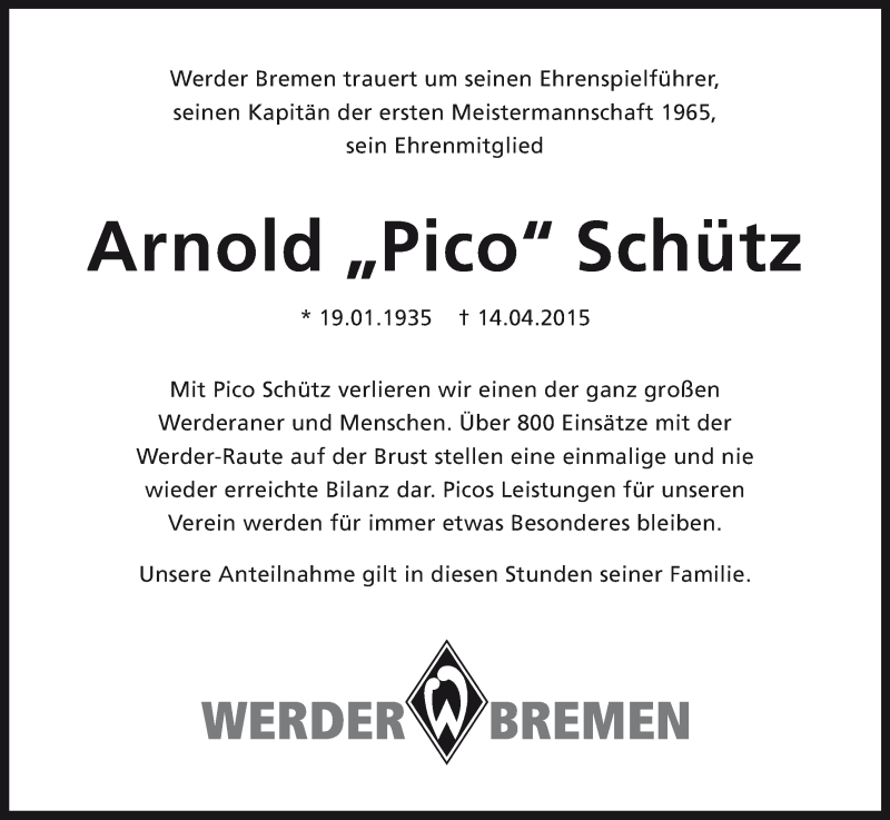  Traueranzeige für Arnold Schütz vom 18.04.2015 aus WESER-KURIER