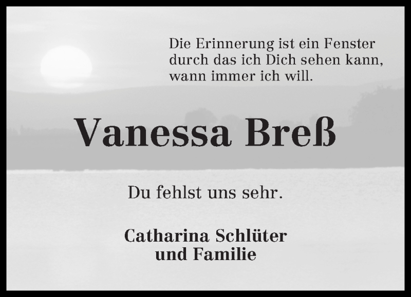  Traueranzeige für Vanessa Breß vom 24.08.2015 aus Wuemme Zeitung
