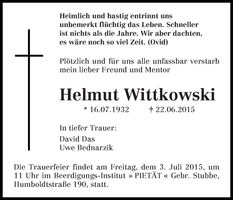  Traueranzeige für Helmut Wittkowski vom 27.06.2015 aus WESER-KURIER