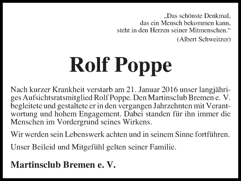  Traueranzeige für Rolf Poppe vom 30.01.2016 aus WESER-KURIER