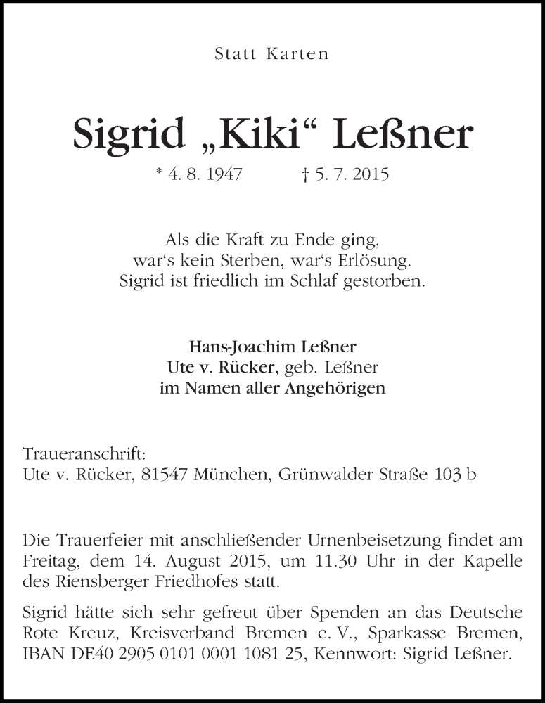  Traueranzeige für Sigrid  Leßner vom 08.08.2015 aus WESER-KURIER