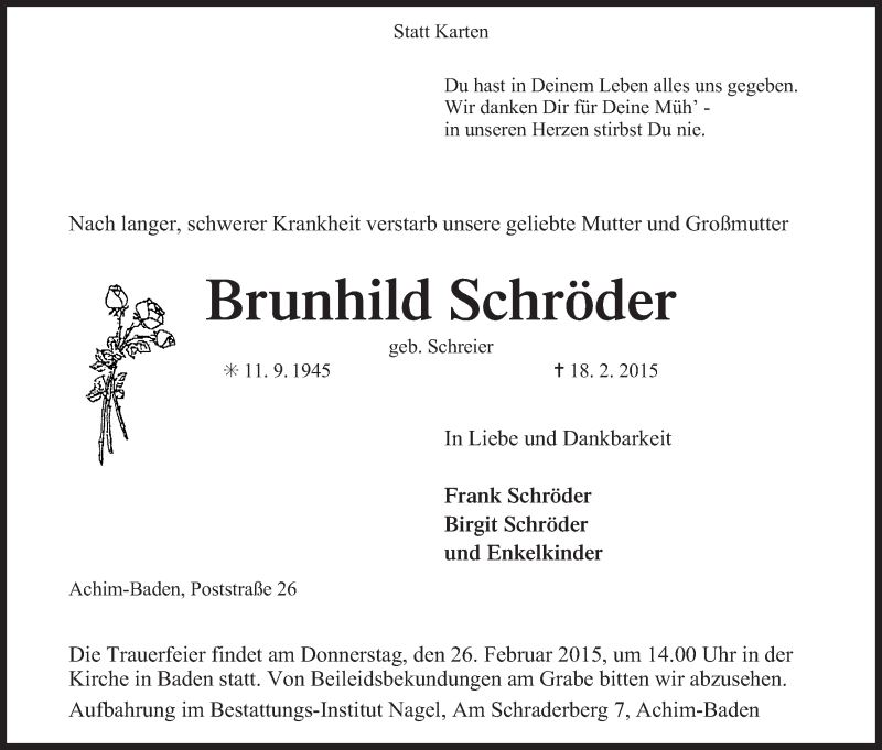 Traueranzeigen Von Brunhild Schr Der Trauer Gedenken