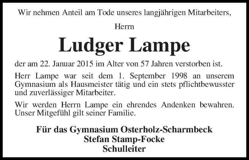  Traueranzeige für Ludger Lampe vom 24.01.2015 aus Osterholzer Kreisblatt