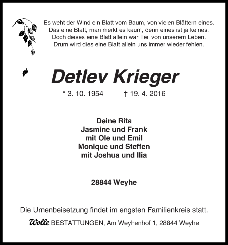  Traueranzeige für Detlev Krieger vom 21.04.2016 aus Regionale Rundschau/Syker Kurier