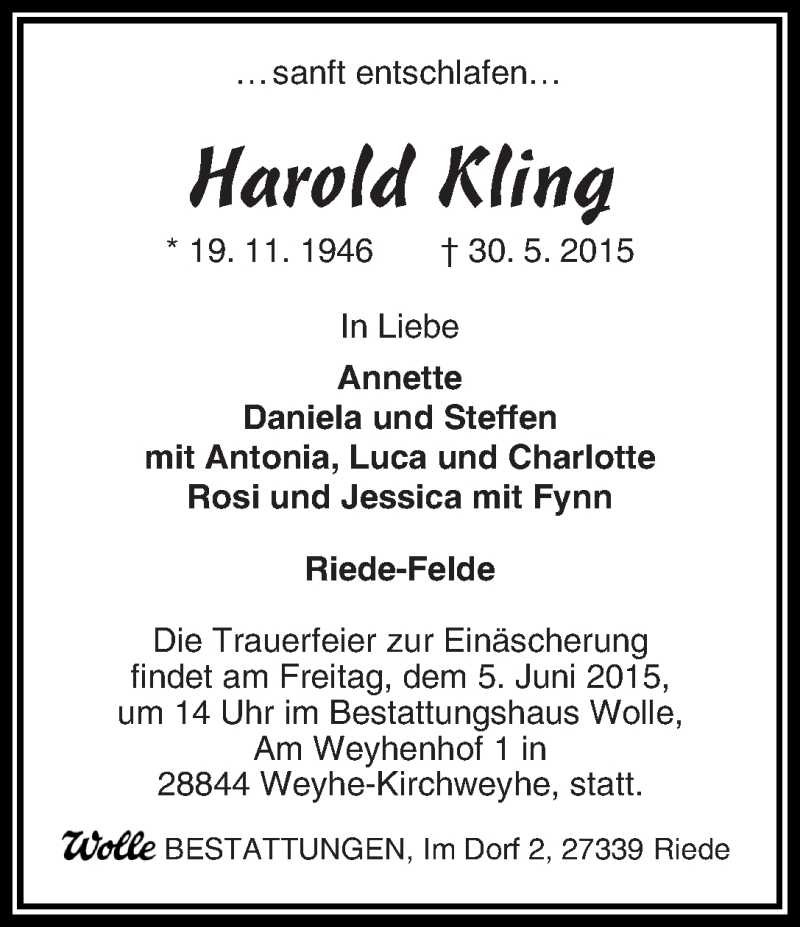  Traueranzeige für Harold Kling vom 02.06.2015 aus WESER-KURIER