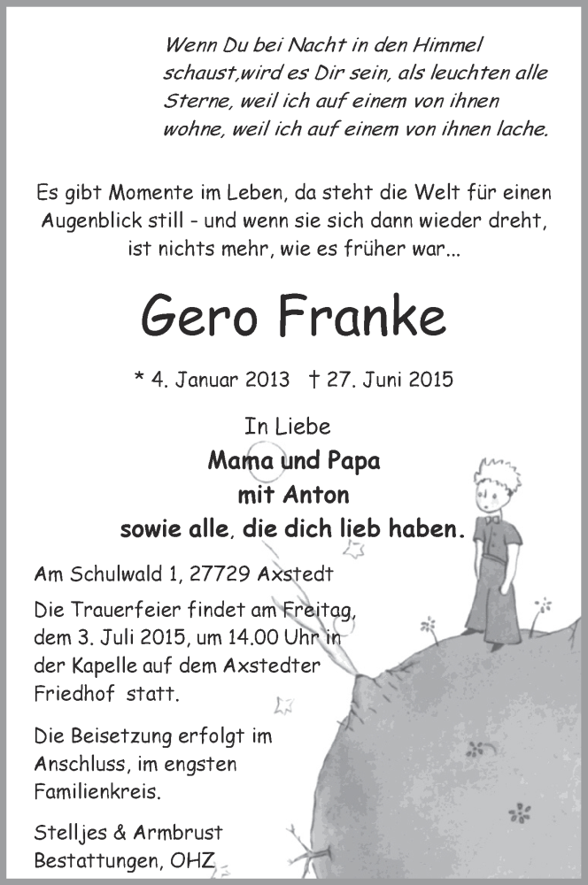  Traueranzeige für Gero Franke vom 01.07.2015 aus Osterholzer Kreisblatt