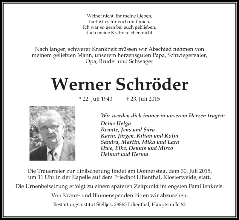 Traueranzeige für Werner Schröder vom 28.07.2015 aus Wuemme Zeitung