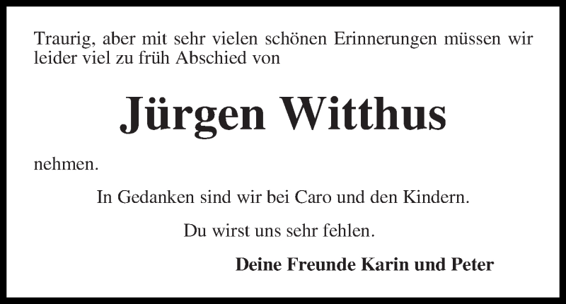  Traueranzeige für Jürgen Witthus vom 16.04.2015 aus Die Norddeutsche