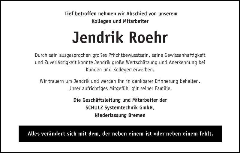  Traueranzeige für Jendrik Roehr vom 29.05.2015 aus Die Norddeutsche