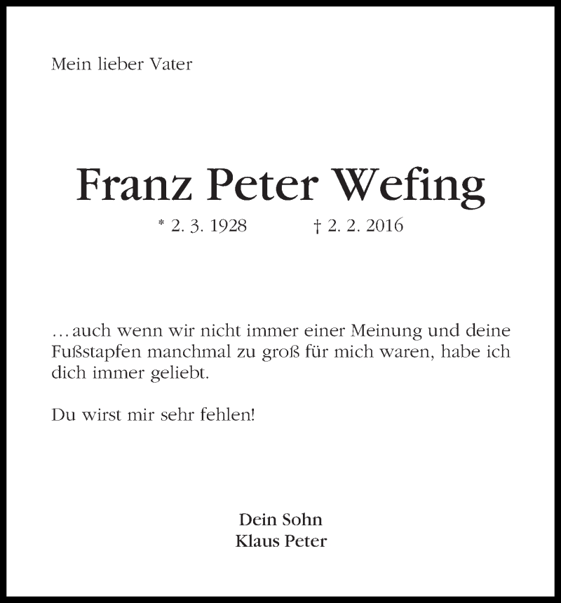  Traueranzeige für Franz Peter Wefing vom 06.02.2016 aus WESER-KURIER