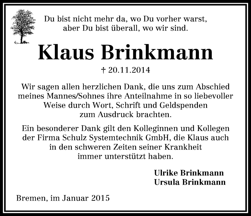  Traueranzeige für Klaus Brinkmann vom 06.01.2015 aus WESER-KURIER