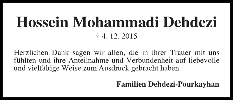  Traueranzeige für Hossein Mohammadi Dehdezi vom 09.01.2016 aus WESER-KURIER