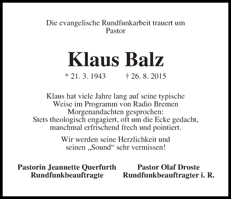  Traueranzeige für Klaus Balz vom 29.08.2015 aus WESER-KURIER