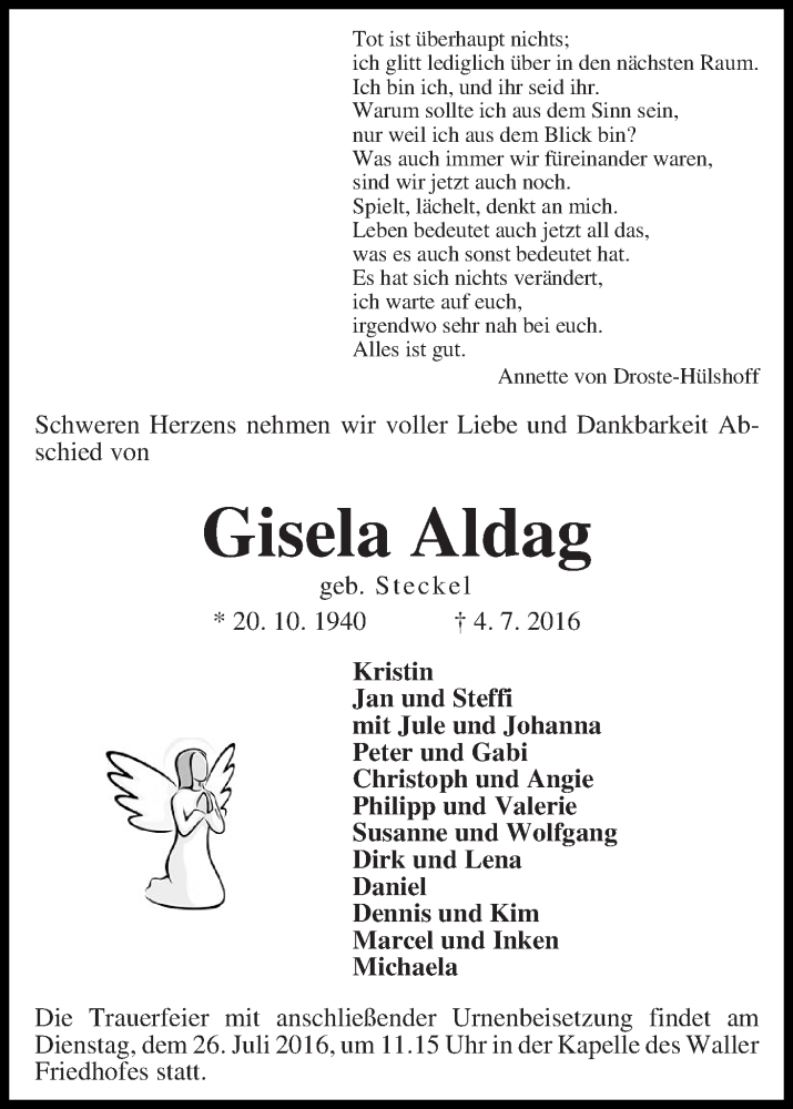  Traueranzeige für Gisela Aldag vom 07.07.2016 aus WESER-KURIER