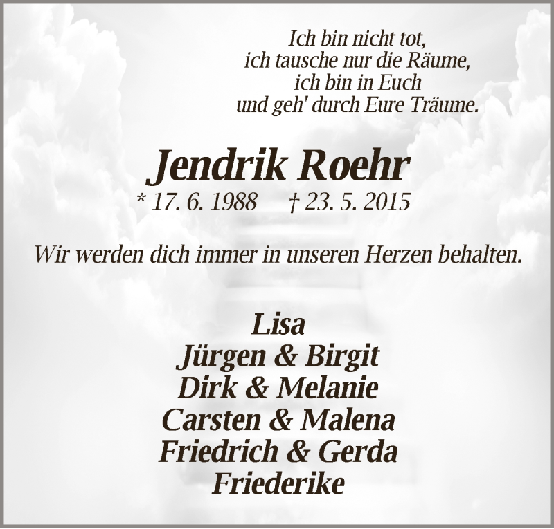  Traueranzeige für Jendrik Roehr vom 29.05.2015 aus Die Norddeutsche