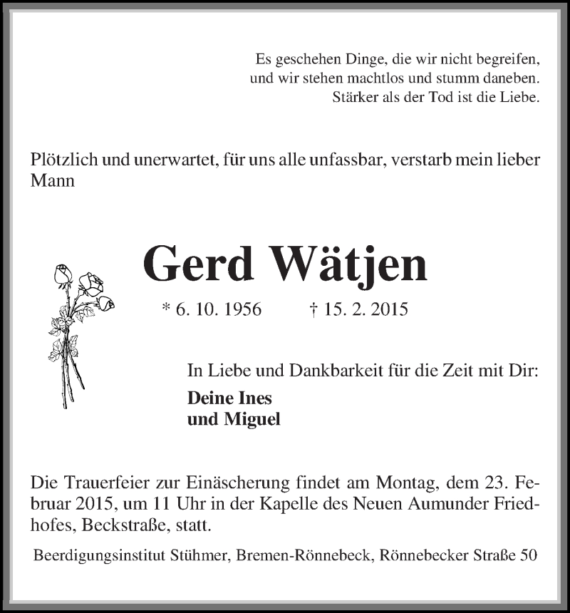  Traueranzeige für Gerd Wätjen vom 18.02.2015 aus Die Norddeutsche