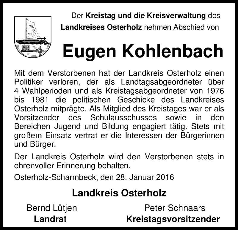  Traueranzeige für Eugen Kohlenbach vom 29.01.2016 aus Osterholzer Kreisblatt