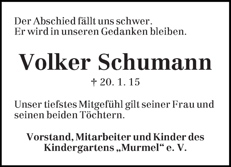  Traueranzeige für Volker Schumann vom 24.01.2015 aus WESER-KURIER