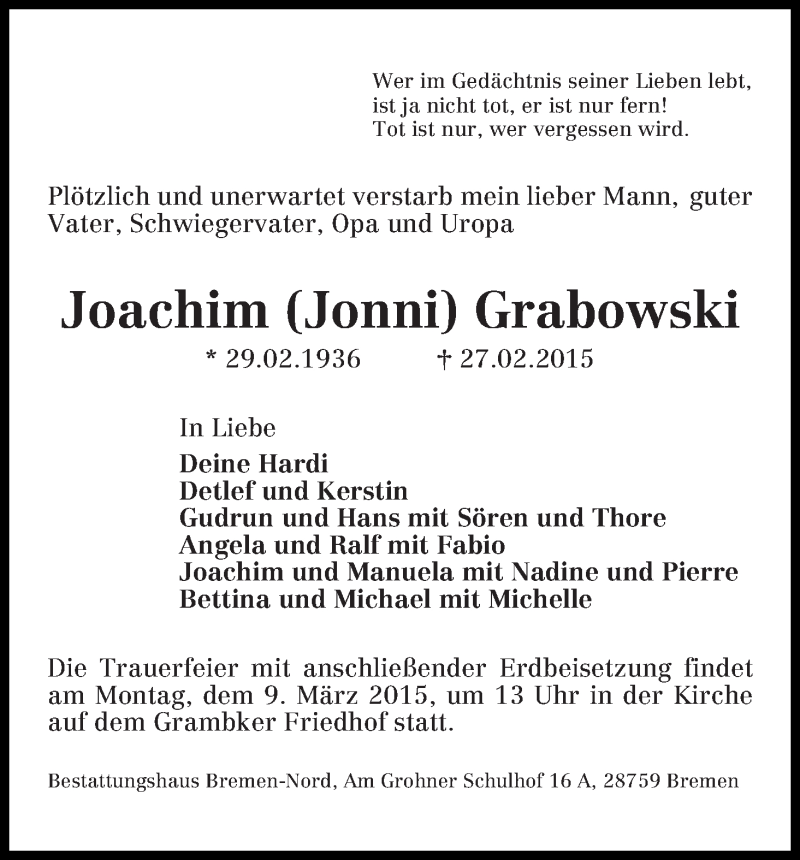  Traueranzeige für Joachim (Jonni) Grabowski vom 06.03.2015 aus Die Norddeutsche